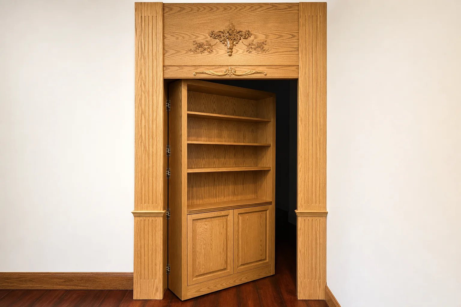 Concealed oak bookcase door with custom carved surround built by HUFCO