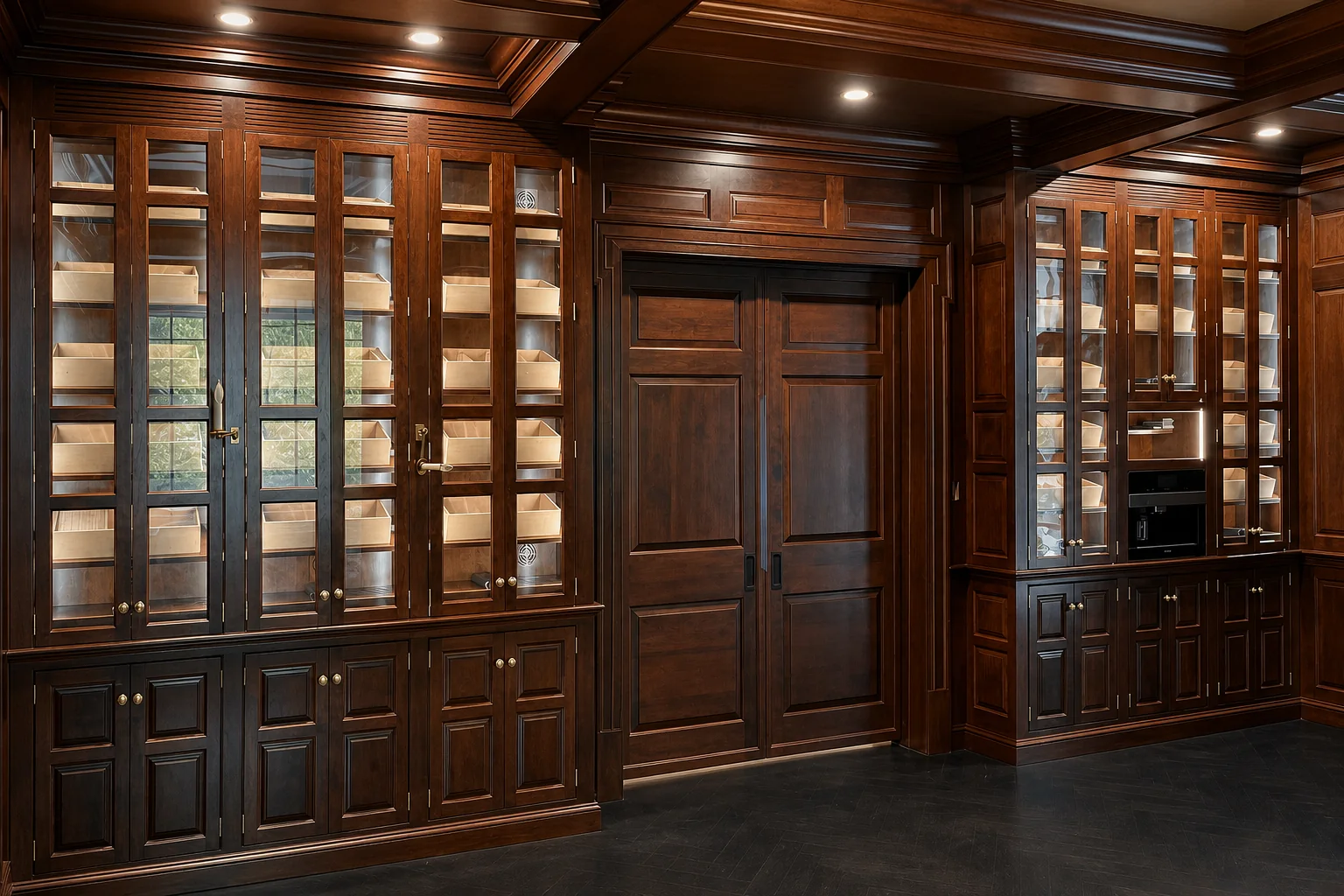 Stained wood cabinetry with glass doors and integrated lighting built by HUFCO